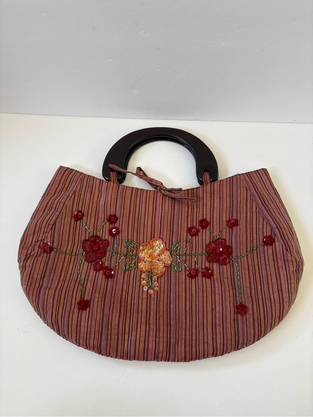 VNTG‎ Crescent Moon Orange Red Stripe Floral Embroidery Bag Purse Wooden Handle
